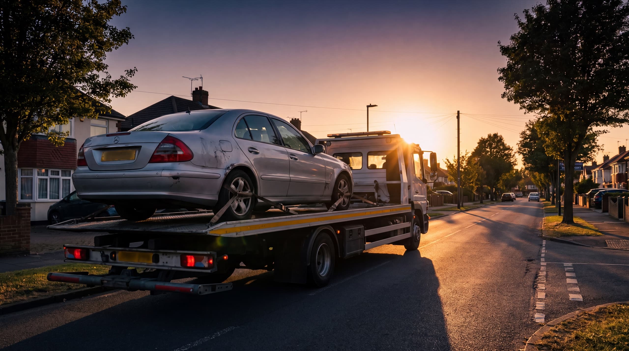 A saloon car secured on a recovery transporter at sunset on a UK street