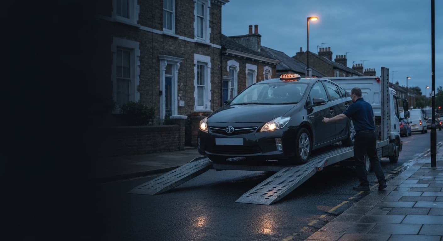 A car being collected on a vehicle transporter on a UK street